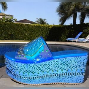 Blue Rhinestone Platform Sandals